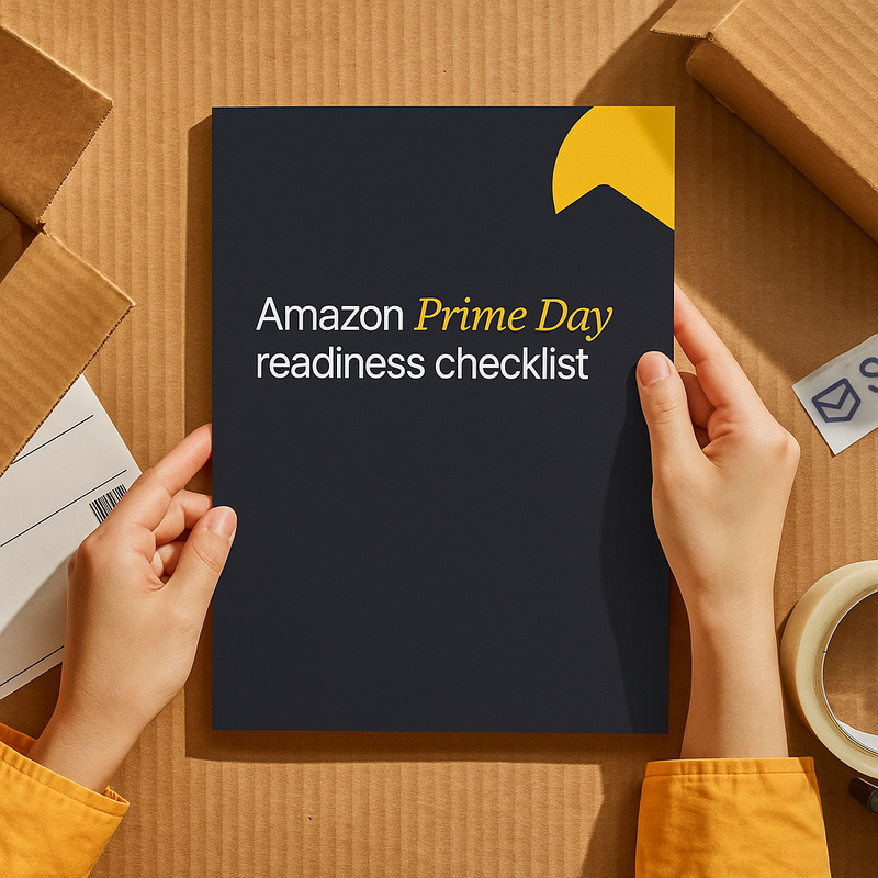 A person holding a piece of paper that says "Amazon Prime Day Readiness Checklist" and surrounded by boxes, tape, and shipping labels
